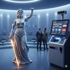 Arizona Shoplifting vs. Organized Retail Theft with Lady Justice and an Automatic Checkout in a New Age Courtroom