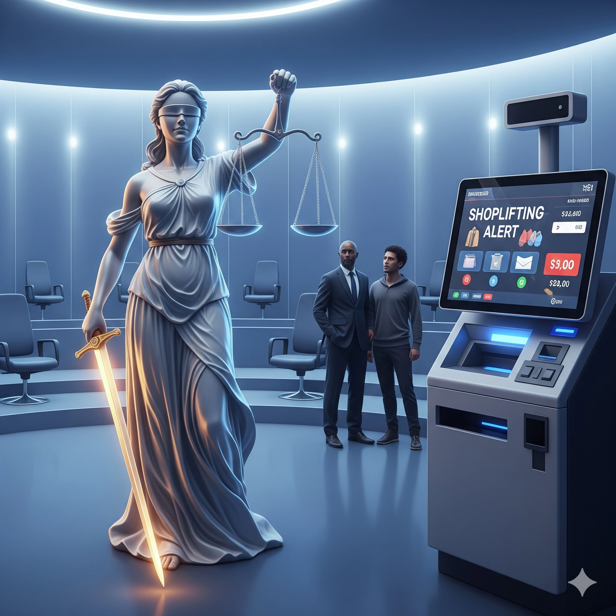 Arizona Shoplifting vs. Organized Retail Theft with Lady Justice and an Automatic Checkout in a New Age Courtroom